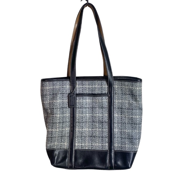 Vintage Coach Bag Wallet Wristlet 9399 Wool Leather Gray Herringbone - Picture 3 of 9